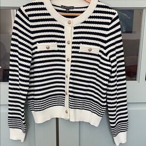 Adrianna Papell Navy and White Striped Knit Cardigan with Gold Buttons